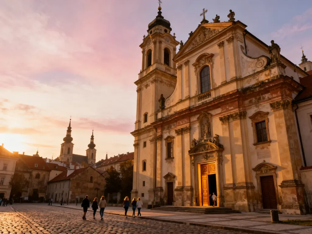 Barokowy kościół przy lubelskim rynku o zachodzie słońca, spacerujący ludzie podziwiają zabytkową architekturę, no text on the picture
